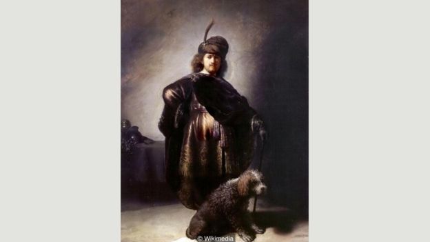 Hollandalı ünlü ressam Rembrandt farklı kostümler giyerek çok sayıda otoportresini yapmıştı. 1631'de yaptı bu resimde oryantal kıyafeti ve köpeğiyle görülüyor.