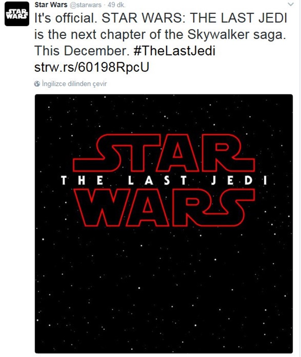"The Last Jedi"ın 15 Aralık 2017'de vizyona girmesi planlanıyor.