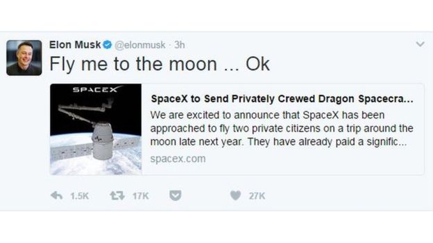 SpaceX'in başında bulunan Elon Musk, Ay ile ilgili yeni projelerini Twitter'dan Frank Sinatra'nın 'Fly Me To The Moon' şarkısına gönderme yaparak duyurdu.