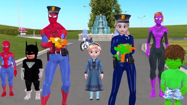 Bir diğer sahte videoda Örümcek Adam ve Elsa gibi karakterlerin otomatik silahlar kullandığı görülüyor.