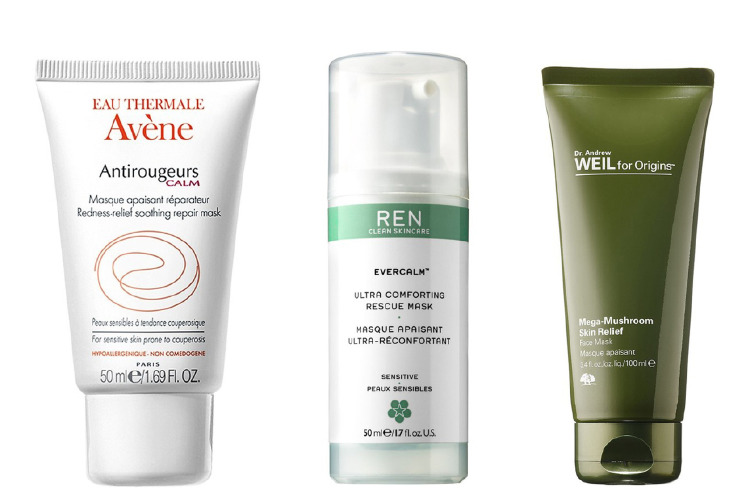 Eau Thermale Avène Antirougeurs Calm Soothing Repair Mask, REN Evercalm Ultra Comforting Rescue Mask, Dr. Andrew Weil For Origins Mega-Mushroom Skin Relief Face Mask