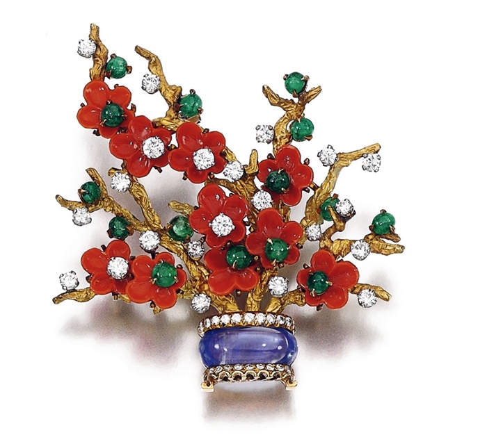 Coral, emerald, sapphire and diamond brooch, Bulgari, 1970s